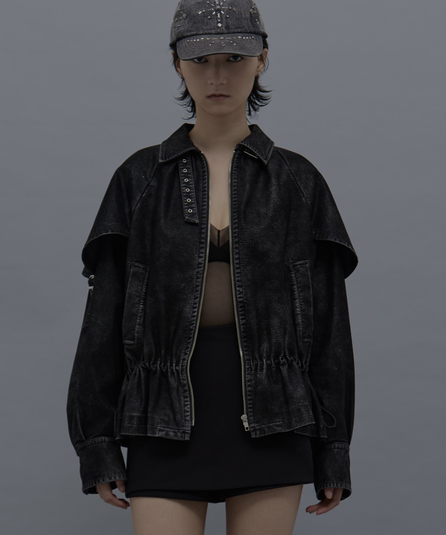 drawstring fade leather blouson
