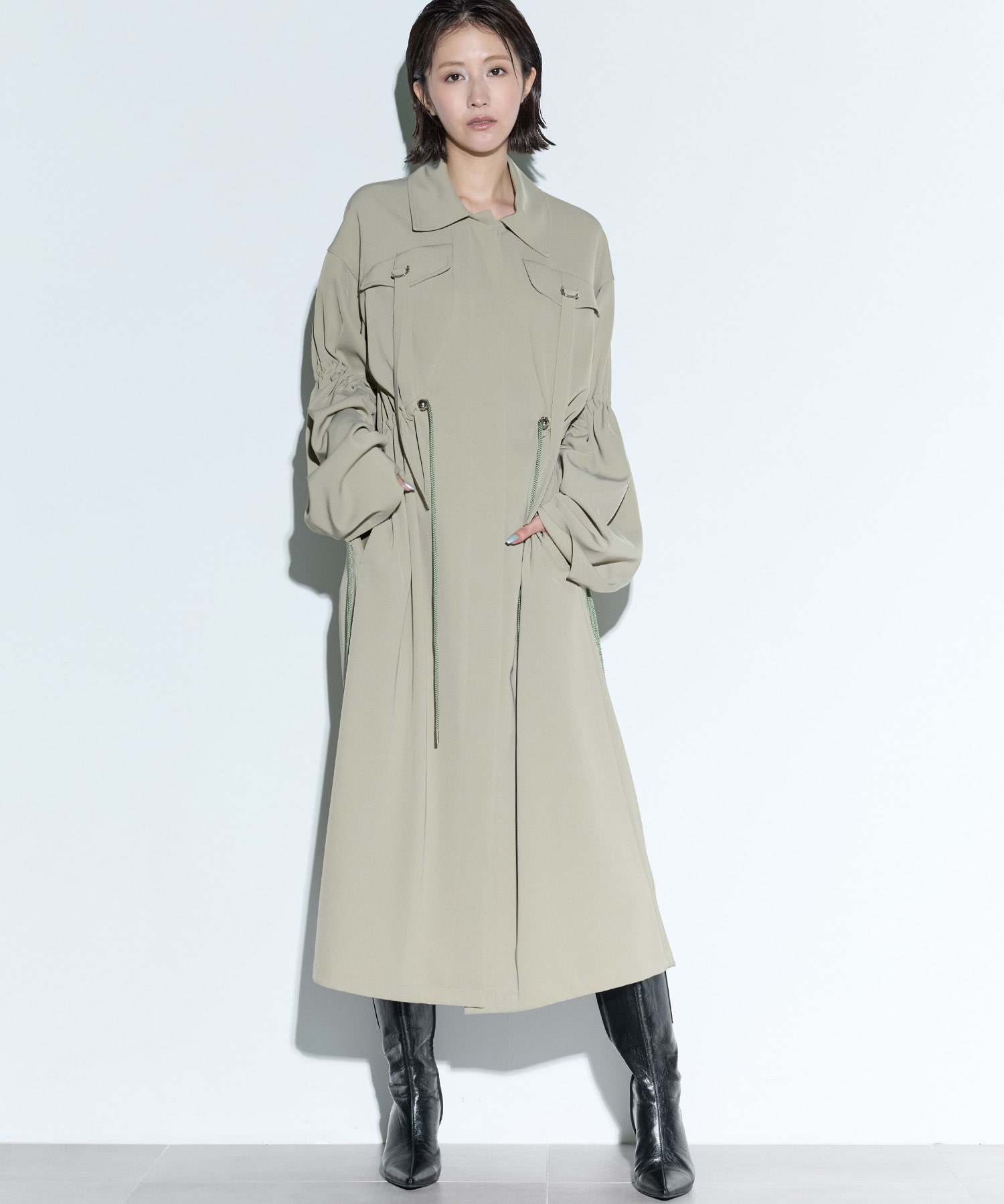 Gathered sleeve military coat