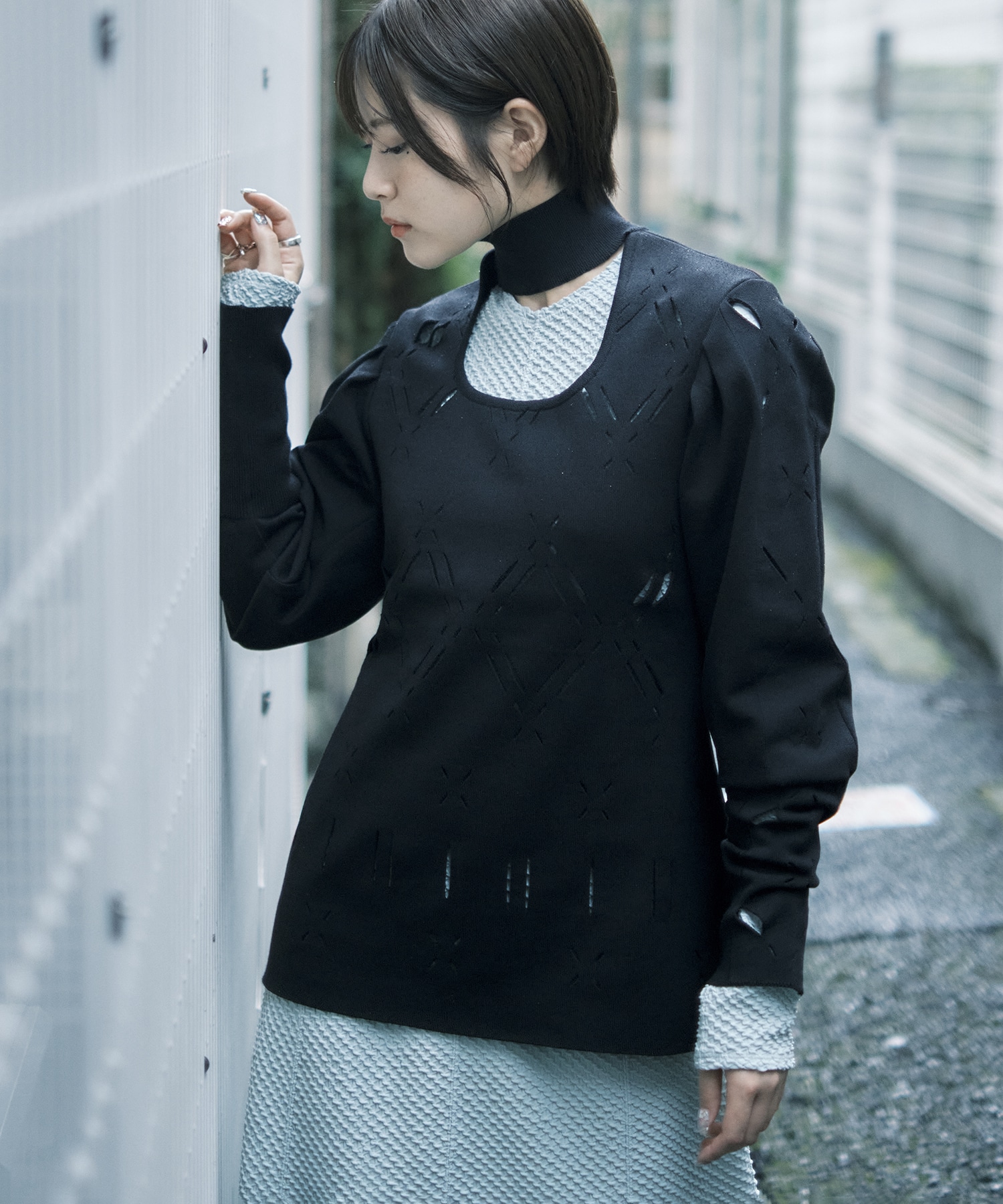 Eyelet High Neck Knitted Top