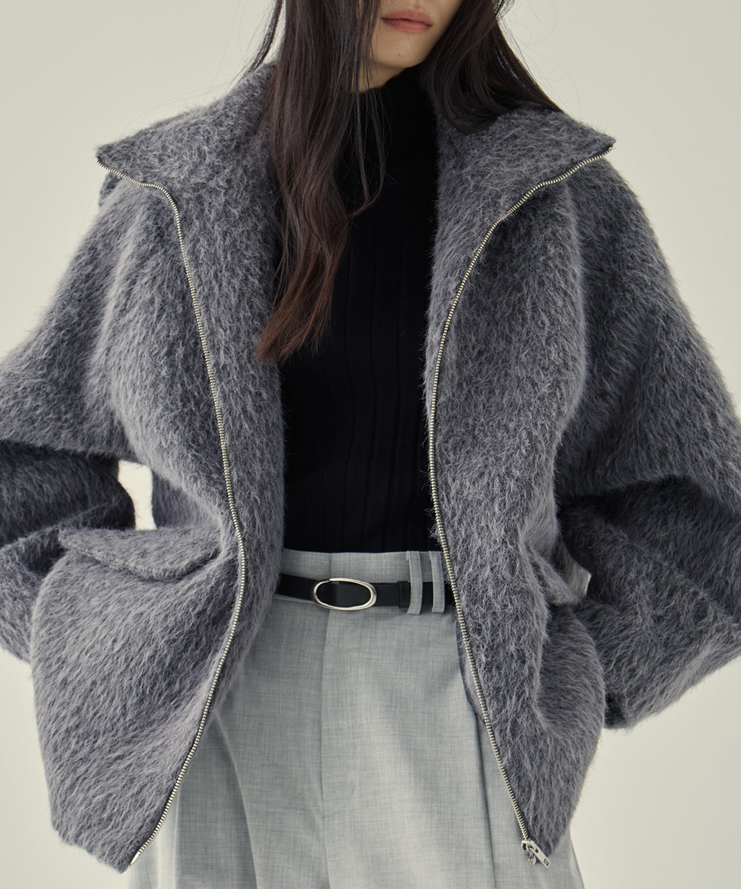 STAND COLLAR SHAGGY MIDDLE COAT