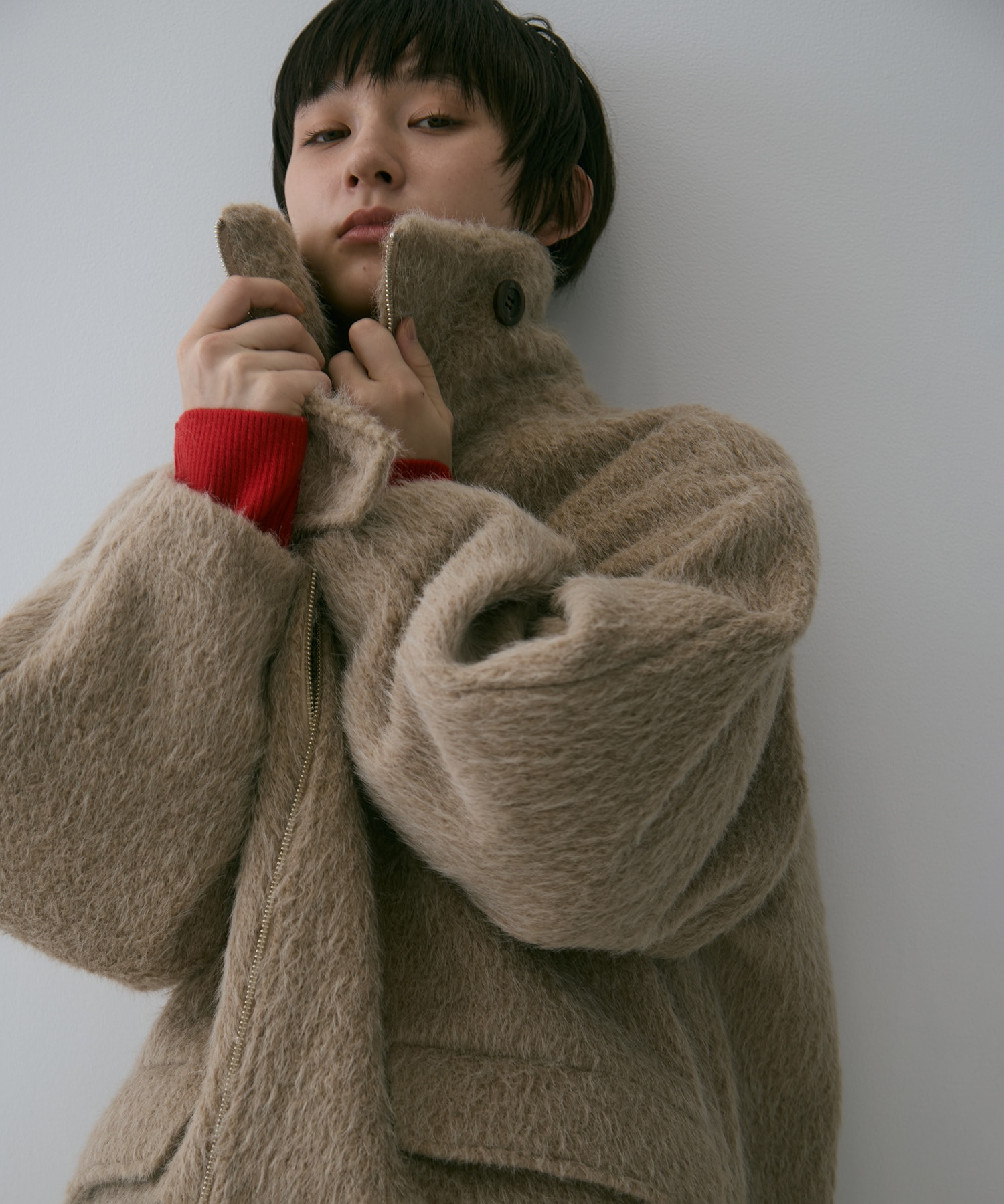 STAND COLLAR SHAGGY MIDDLE COAT