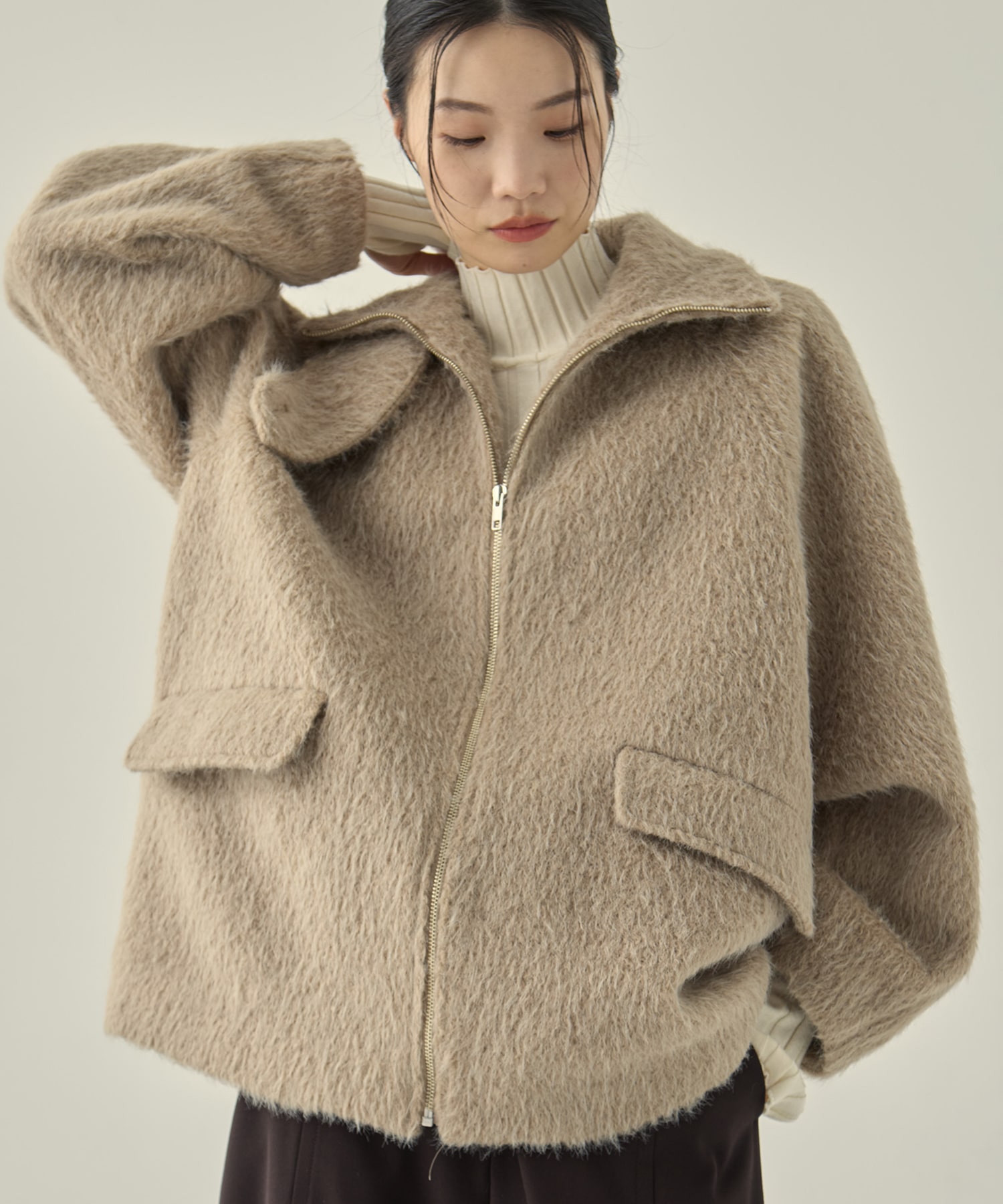 STAND COLLAR SHAGGY MIDDLE COAT