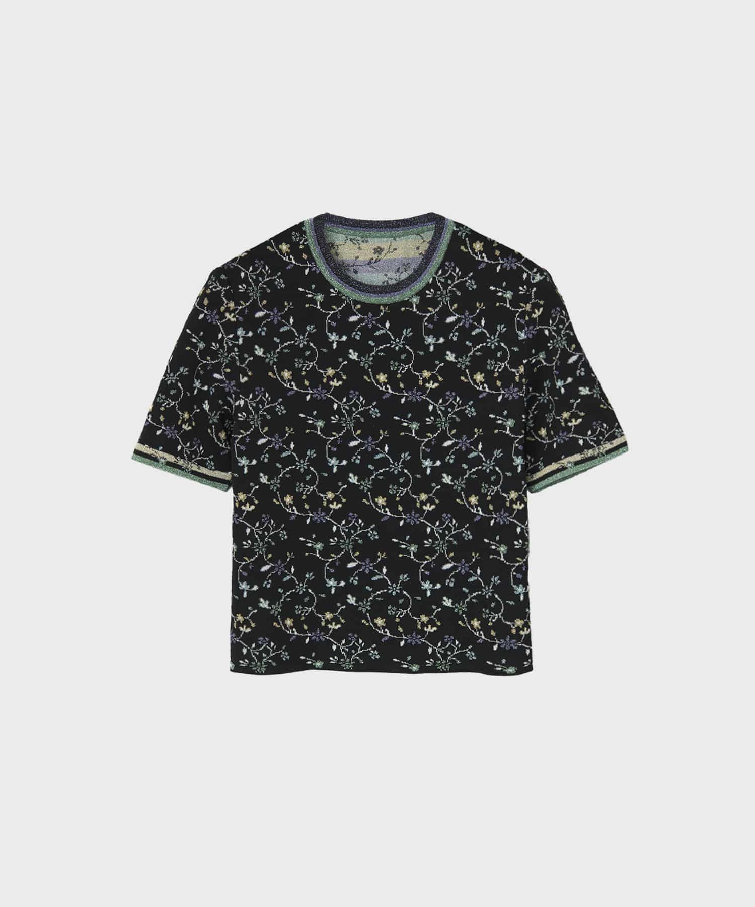 Floral Motif Glitter Short Sleeve Knit Top