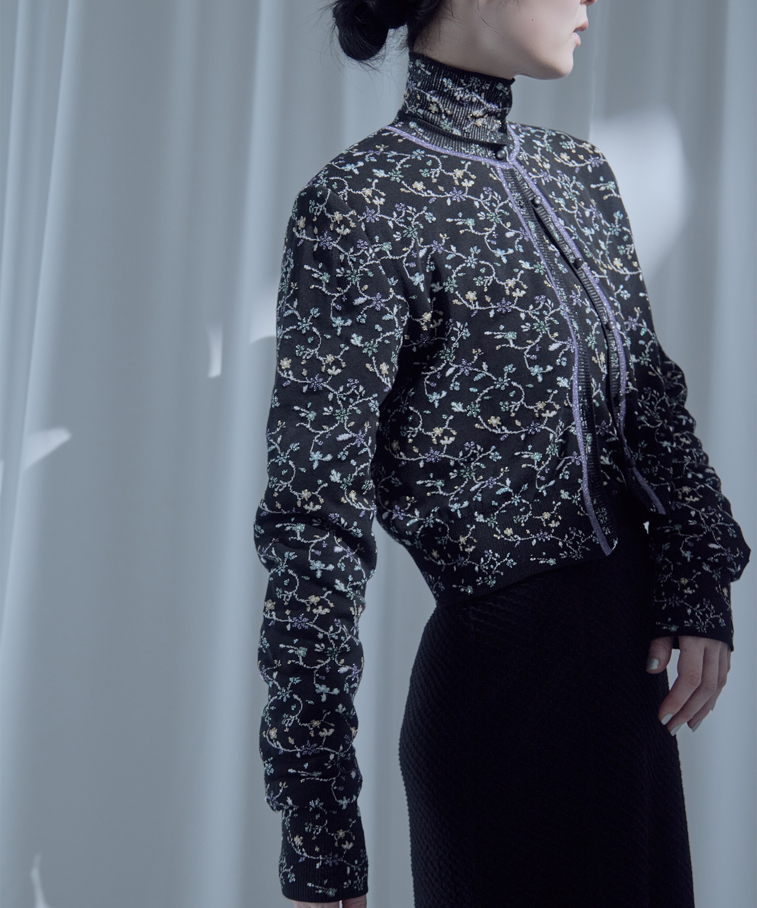 Floral Motif Glitter High Neck Knit Top