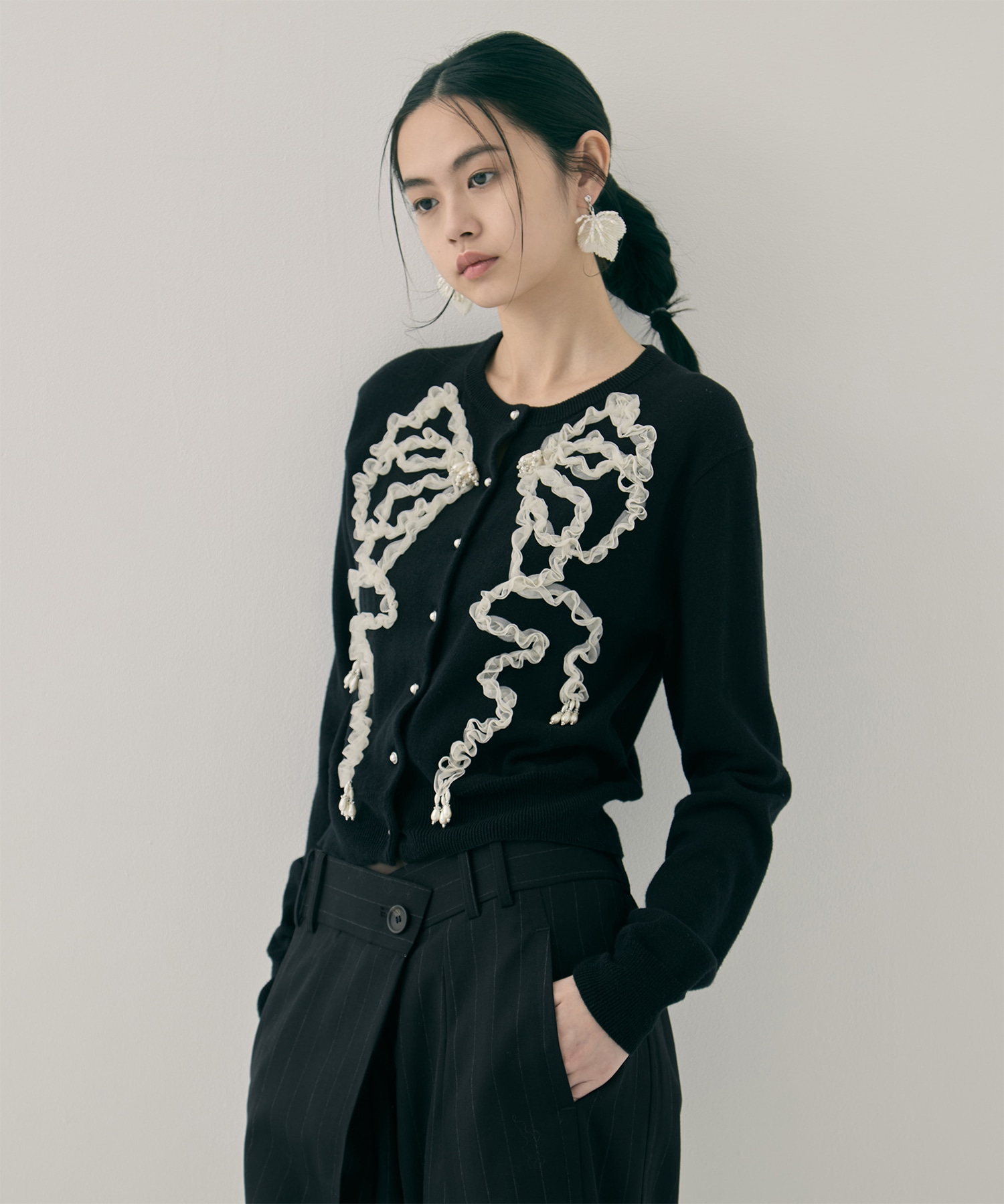 Ribbon tulle pearl embroidery cardigan