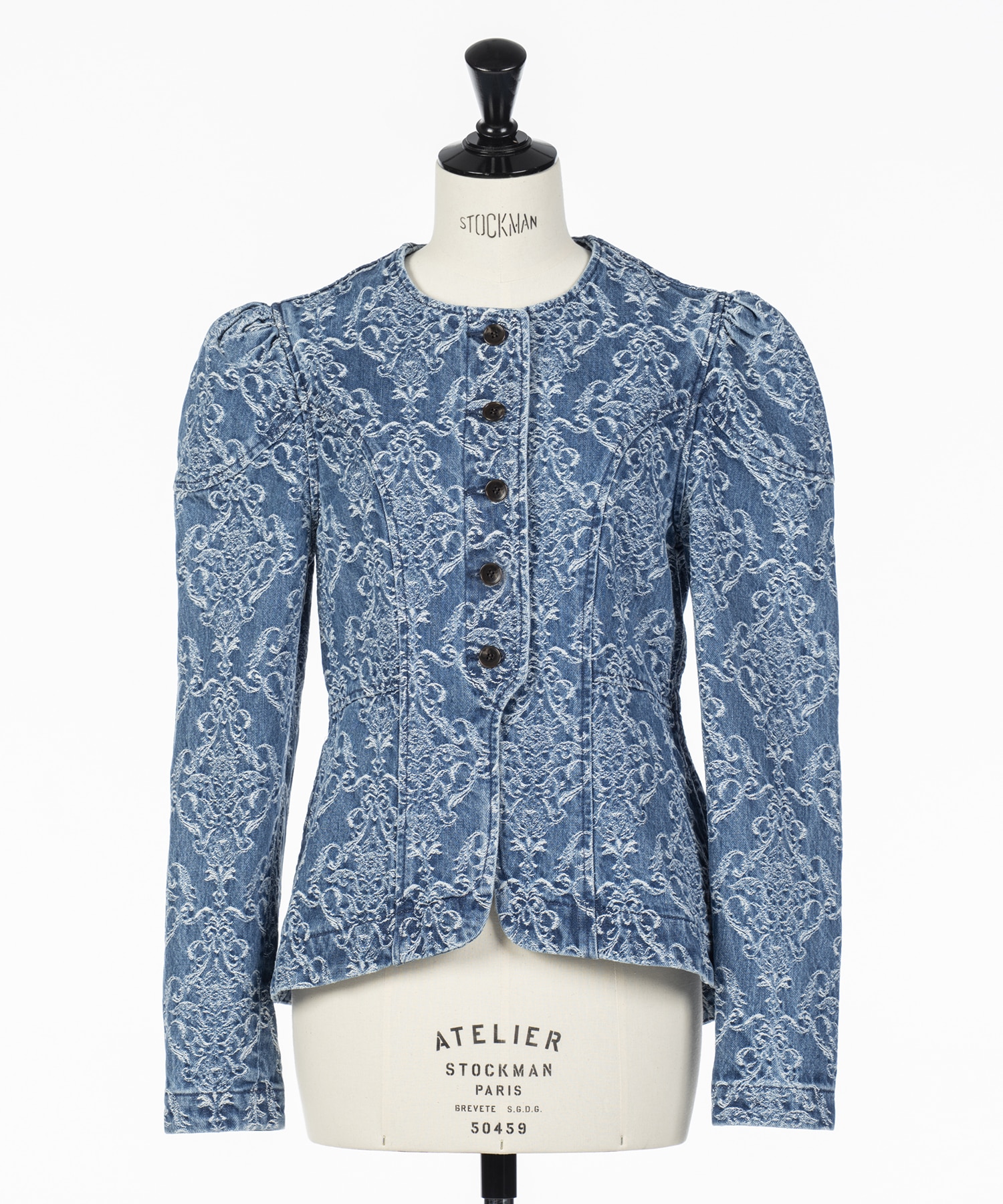 DAMASK-PRINT DENIM PEPLUM JACKET