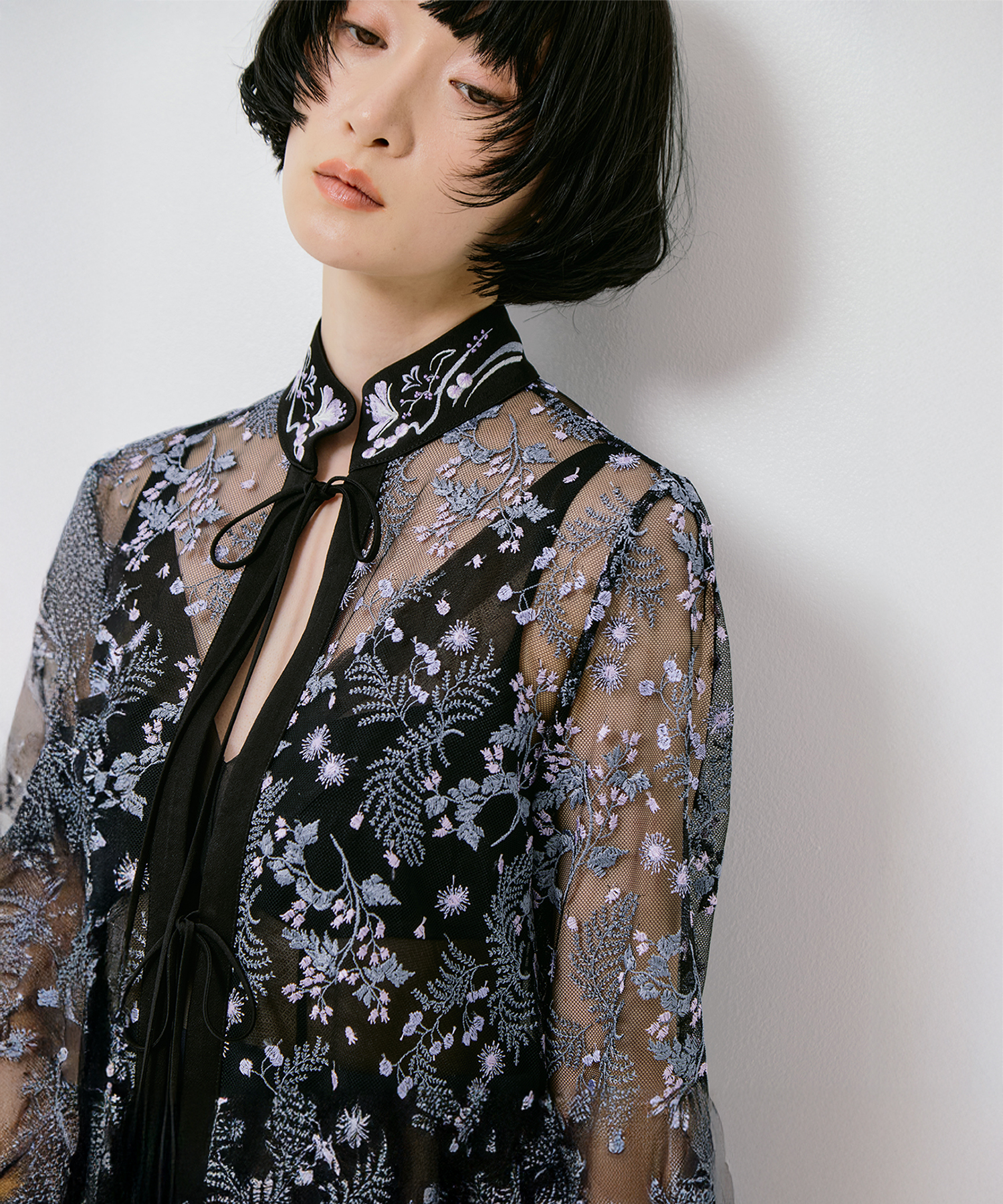 Tulle Lace Stand Collar Shirt