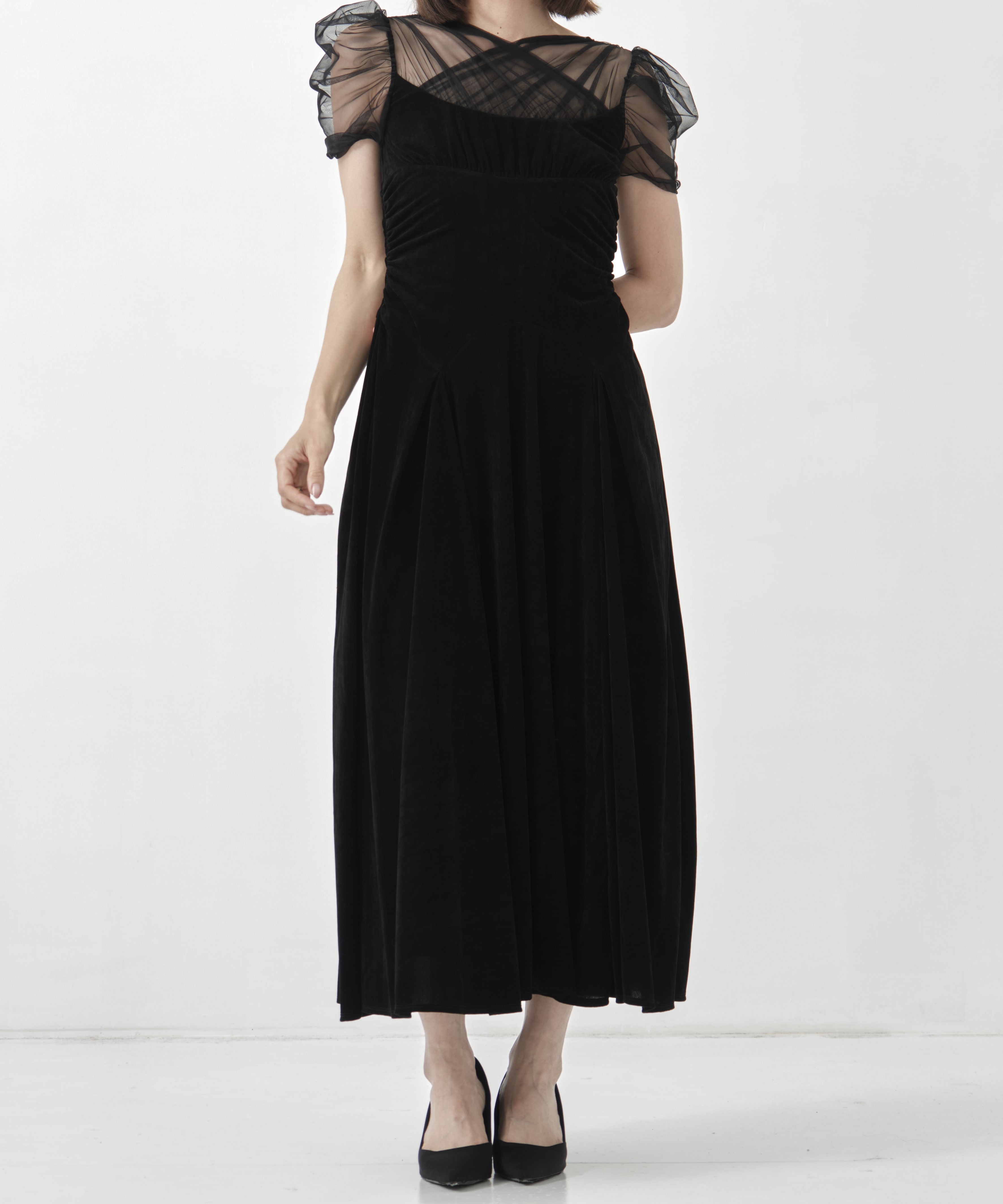 VELVET TULLE GATHERED DRESS