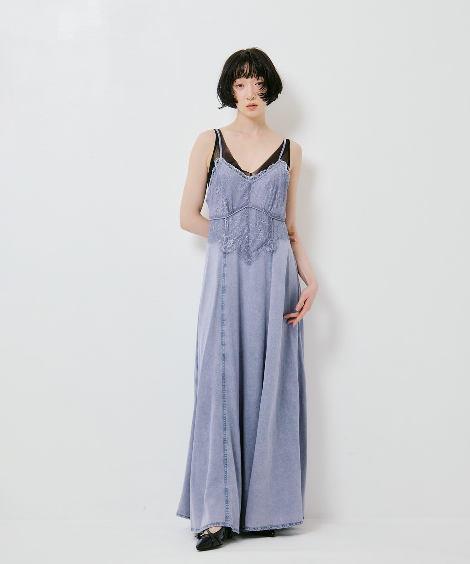 LACE DOCKING TENCEL DENIM FLARE DRESS