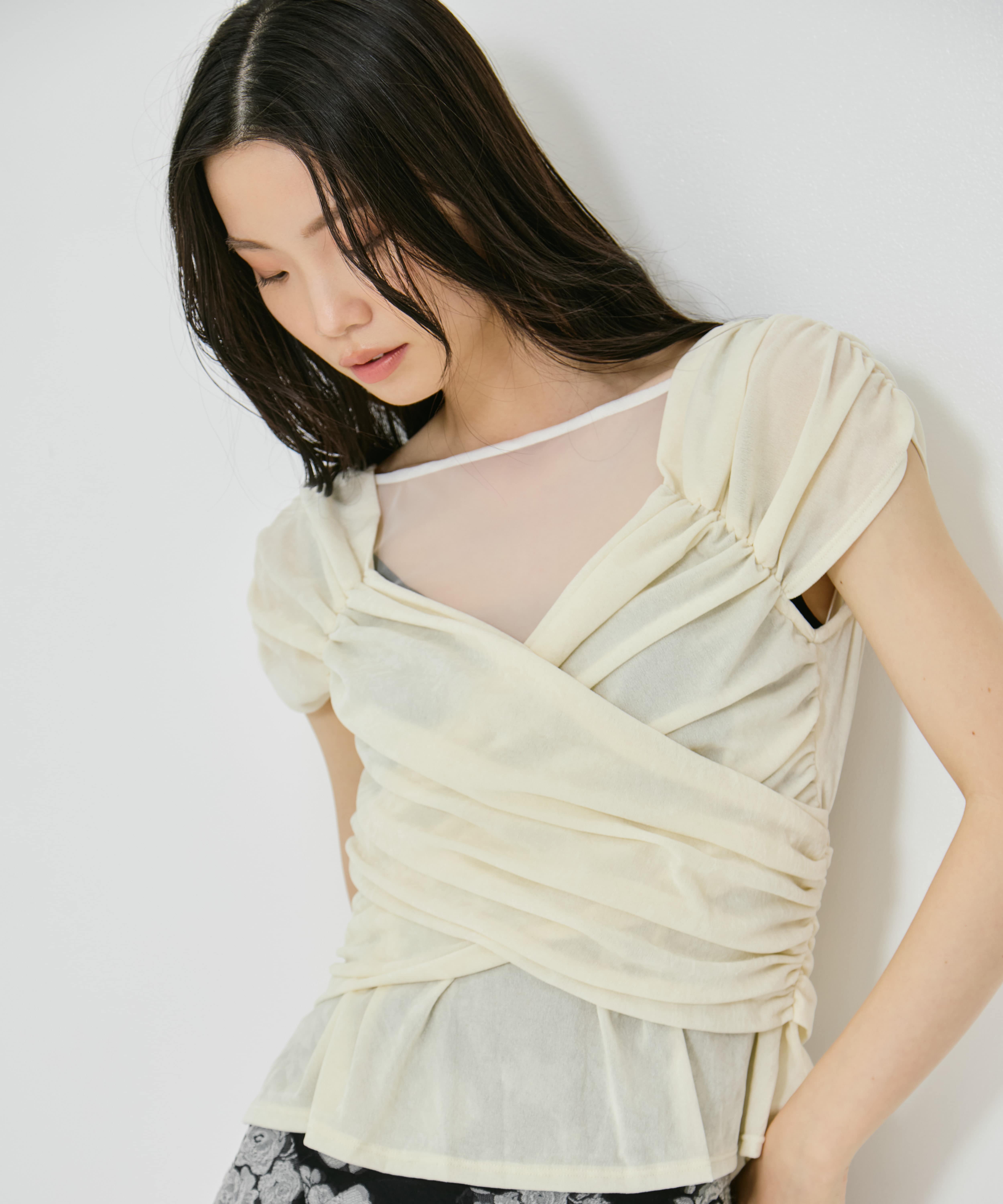 VELVET TULLE GATHERED TOP