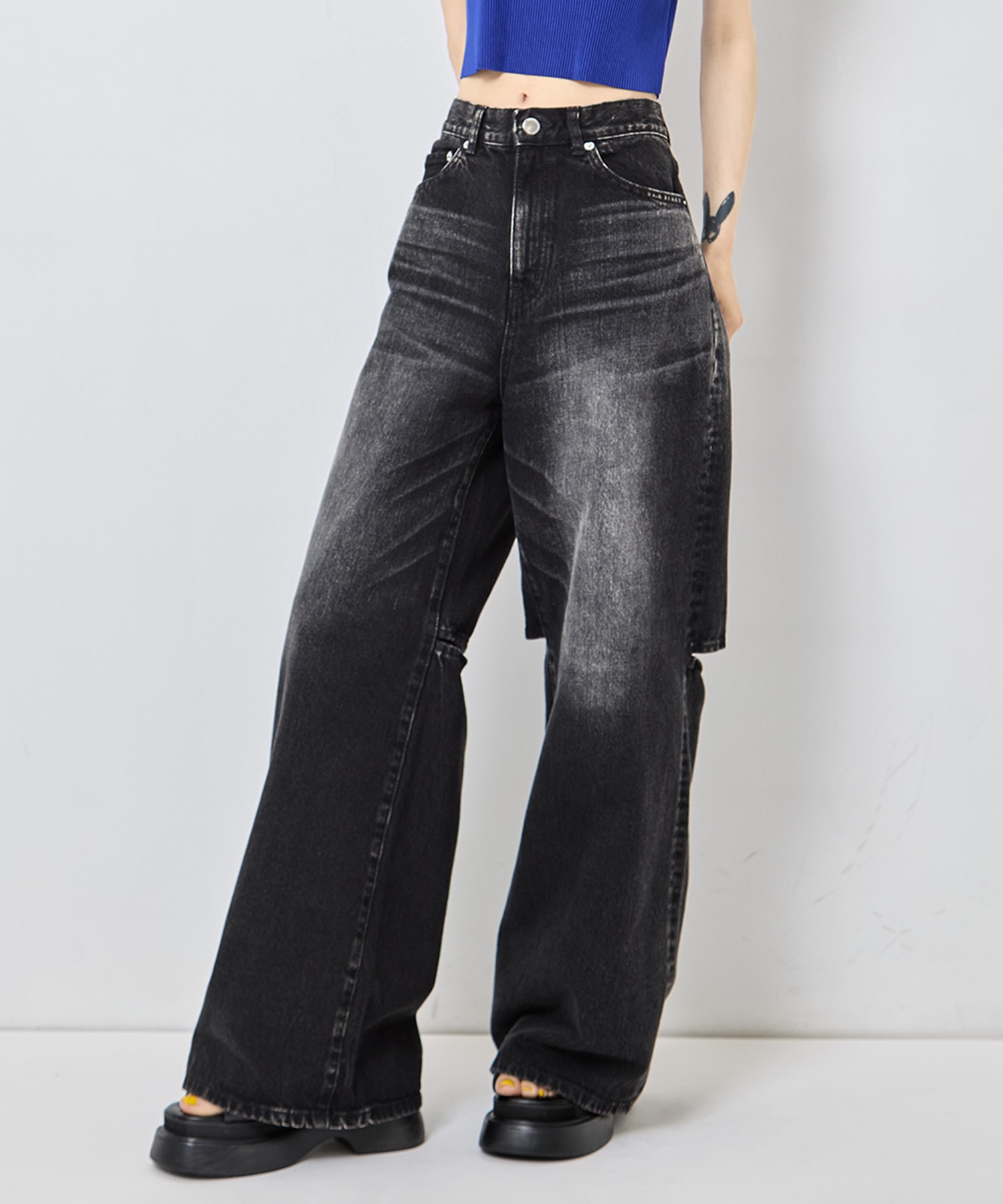 別注 WASHED DENIM CUT OUT WIDE PANTS