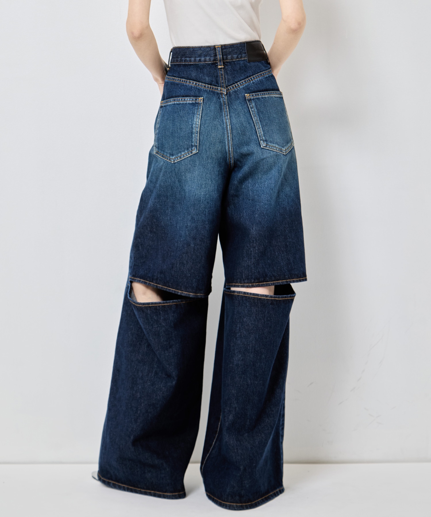 別注 WASHED DENIM CUT OUT WIDE PANTS