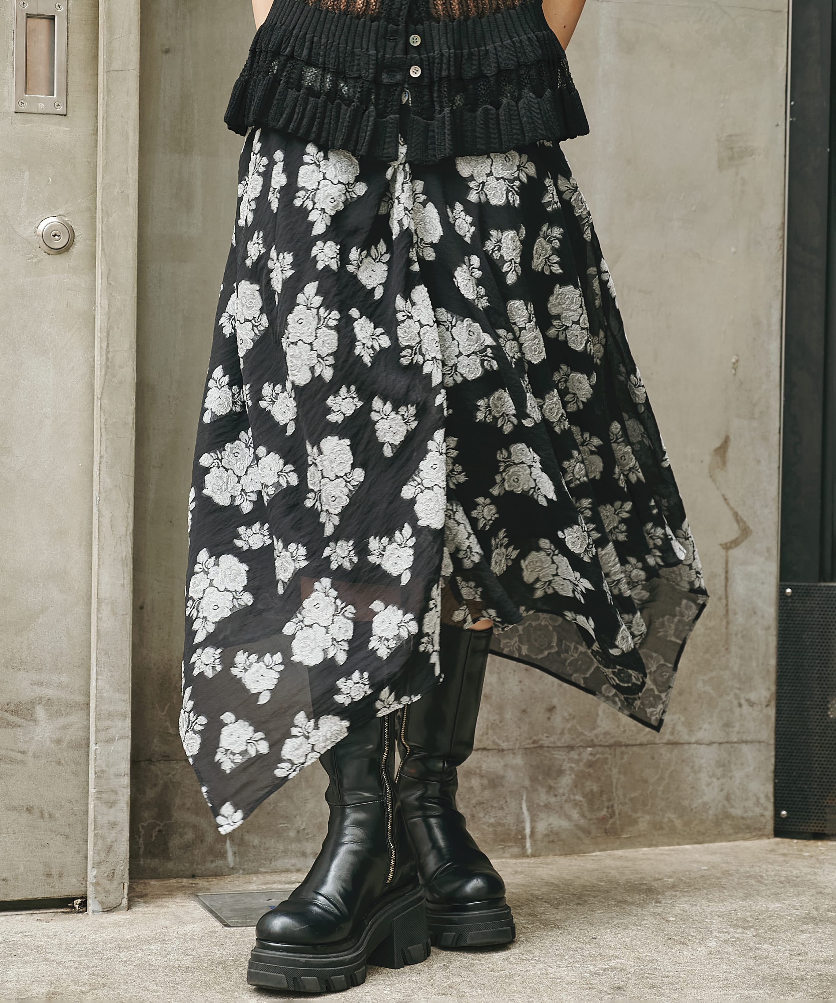 DRAPED FLORAL JACQUARD SKIRT