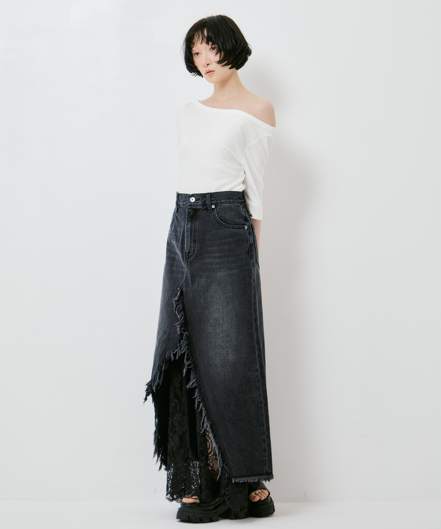 REMAKE LIKE DENIM LACE LAYERED SKIRT