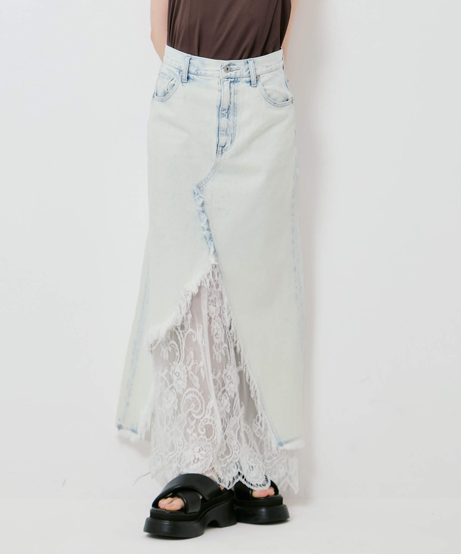 REMAKE LIKE DENIM LACE LAYERED SKIRT