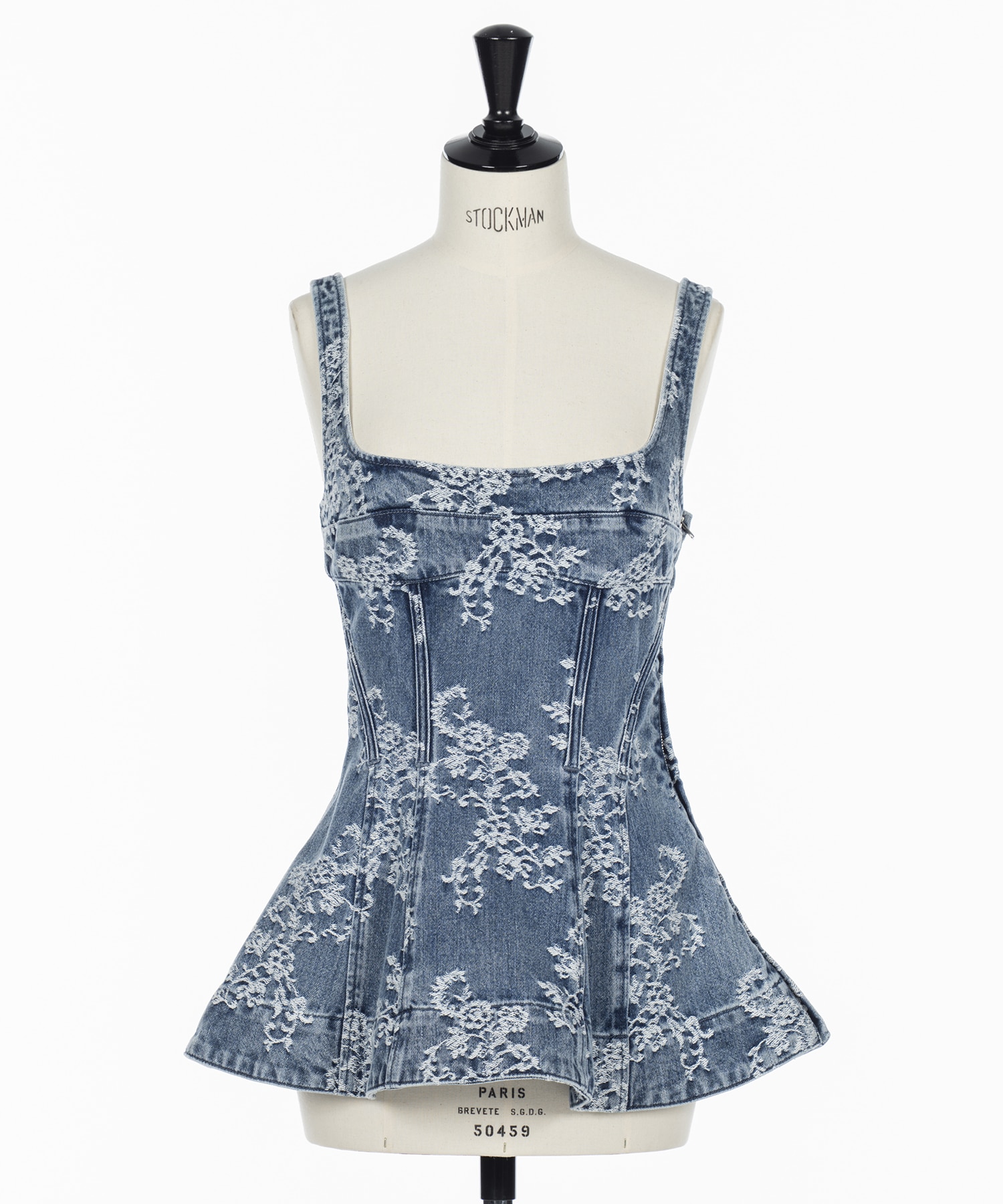 LACE-JACQUARD DENIM PEPLUM BUSTIER