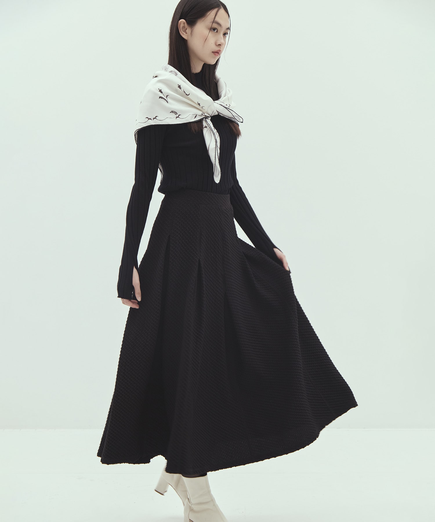 Shirring Jersey Jacquard Pleats Skirt
