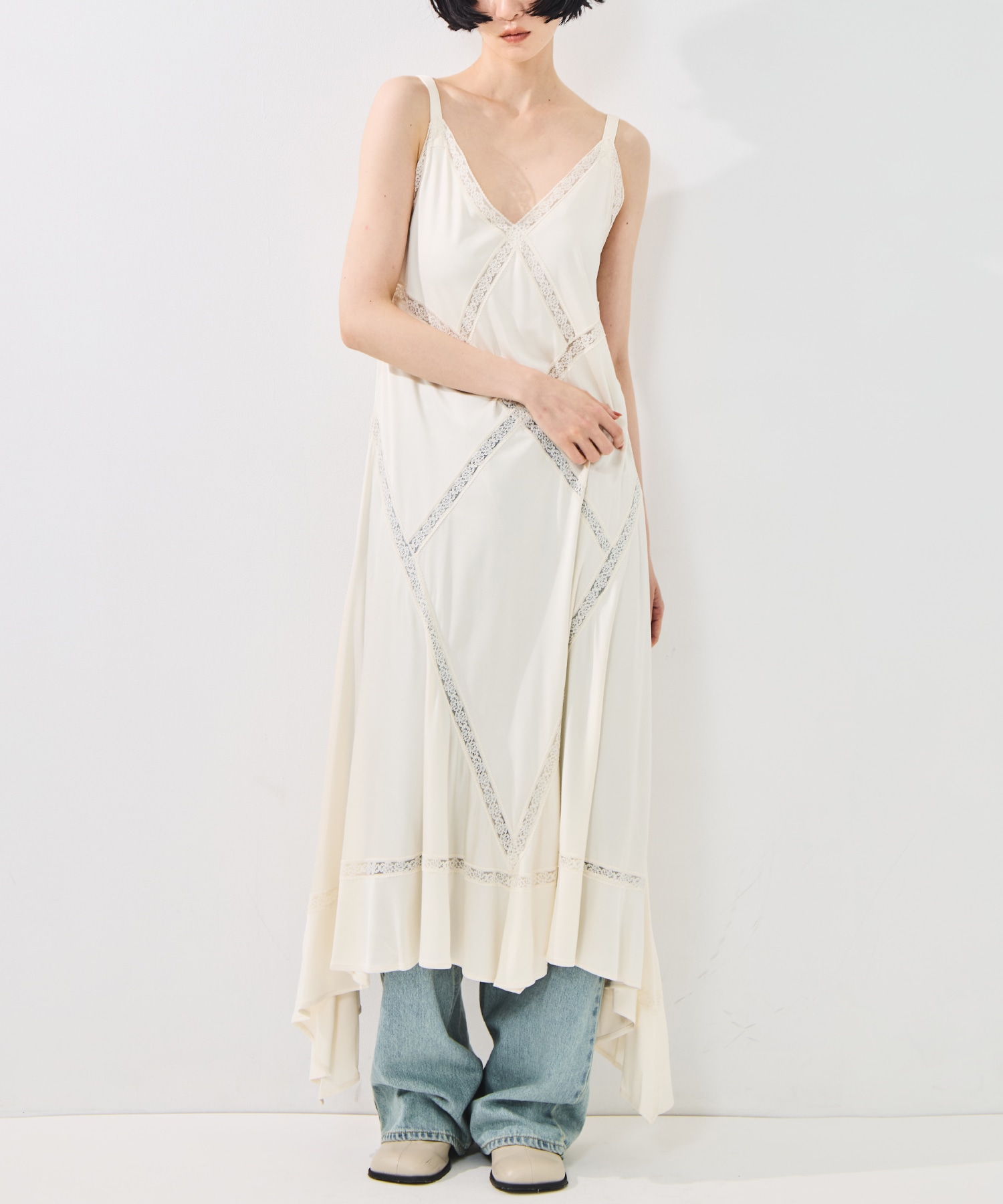 SATIN JERSEY LACE-TRIM SLIP DRESS