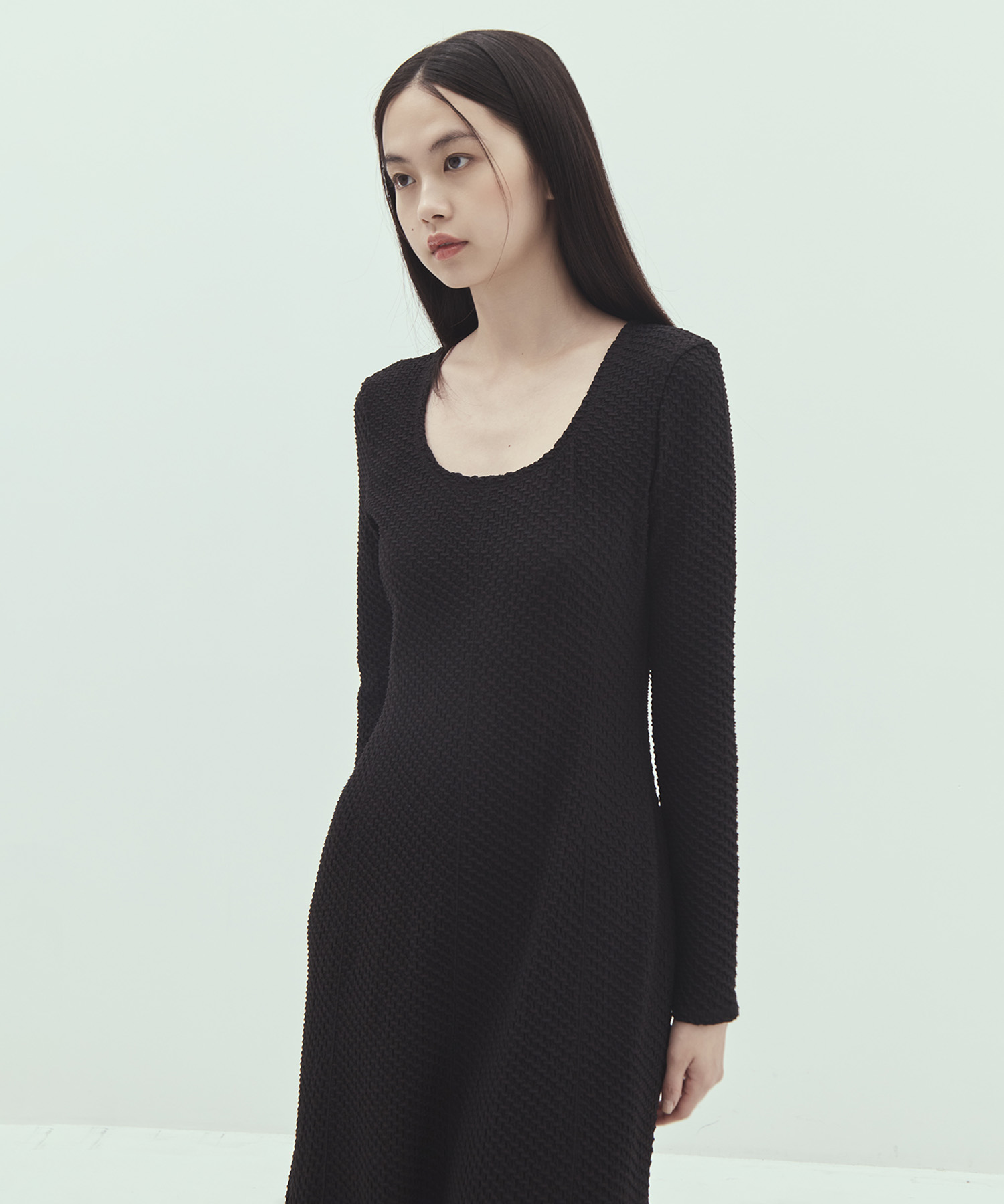 Shirring Jersey Jacquard Long Sleeve Dress