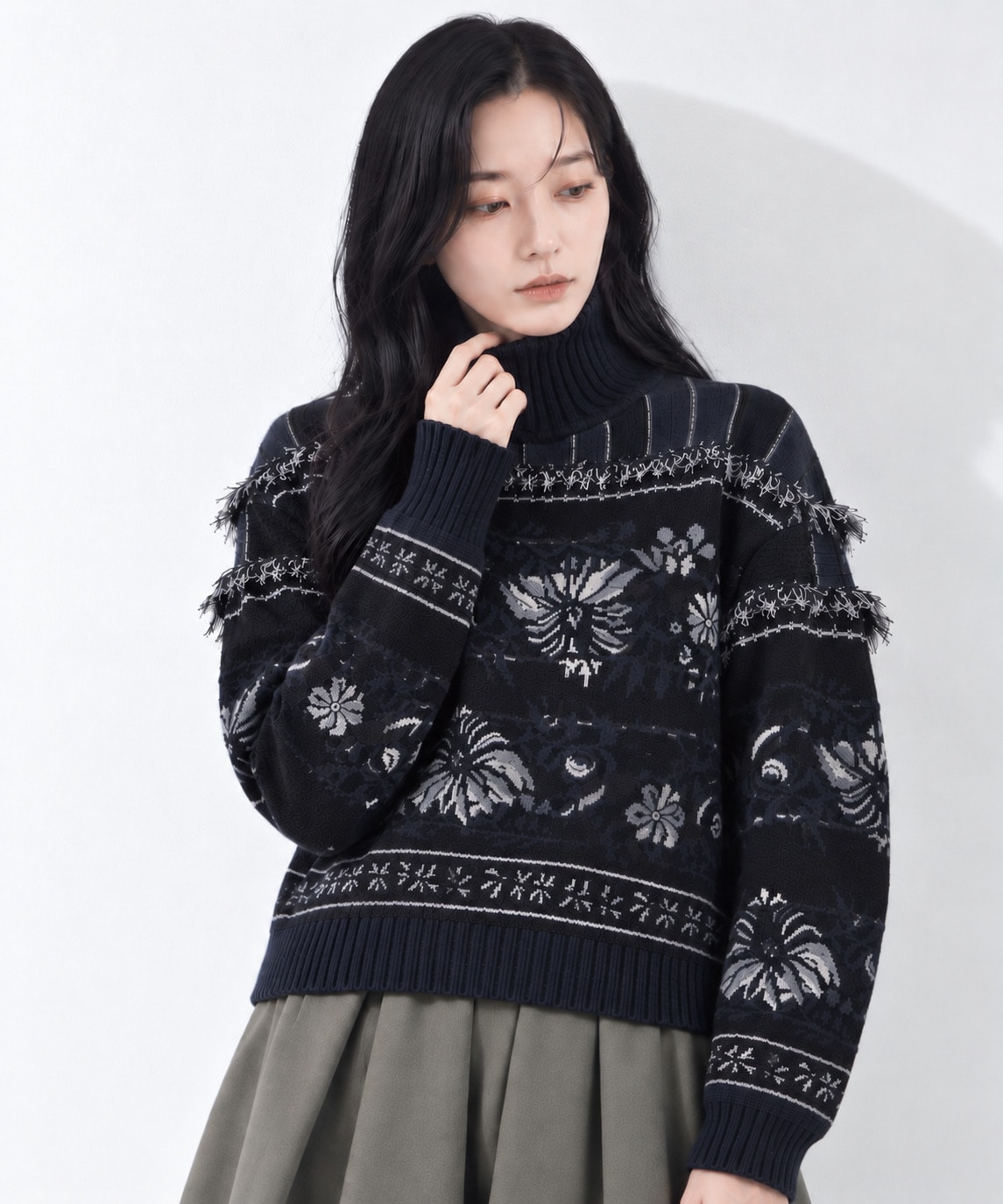 Floral Arabesque High Neck Knit Top