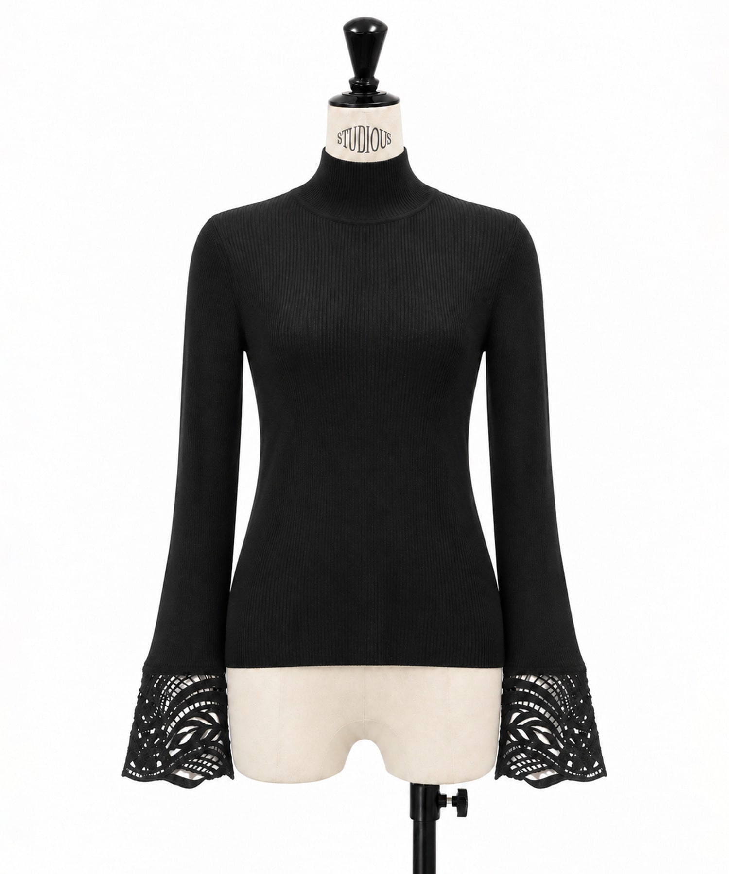 Embroidery Cuff High Neck Knit Top