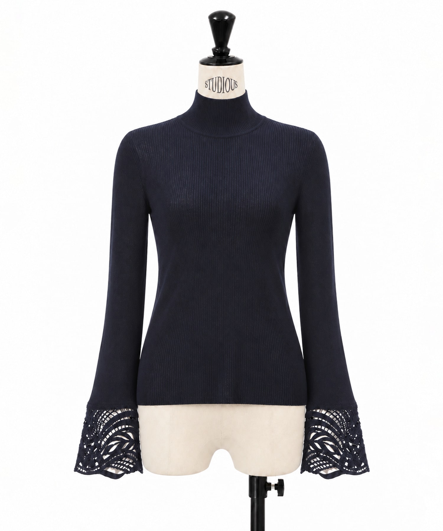 Embroidery Cuff High Neck Knit Top